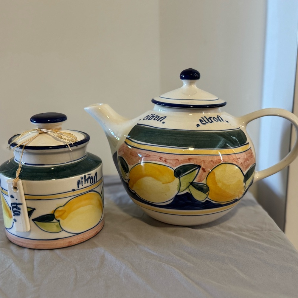 Citron Ceramic Teapot and Sugar Jar Set - Blue and Yellow
